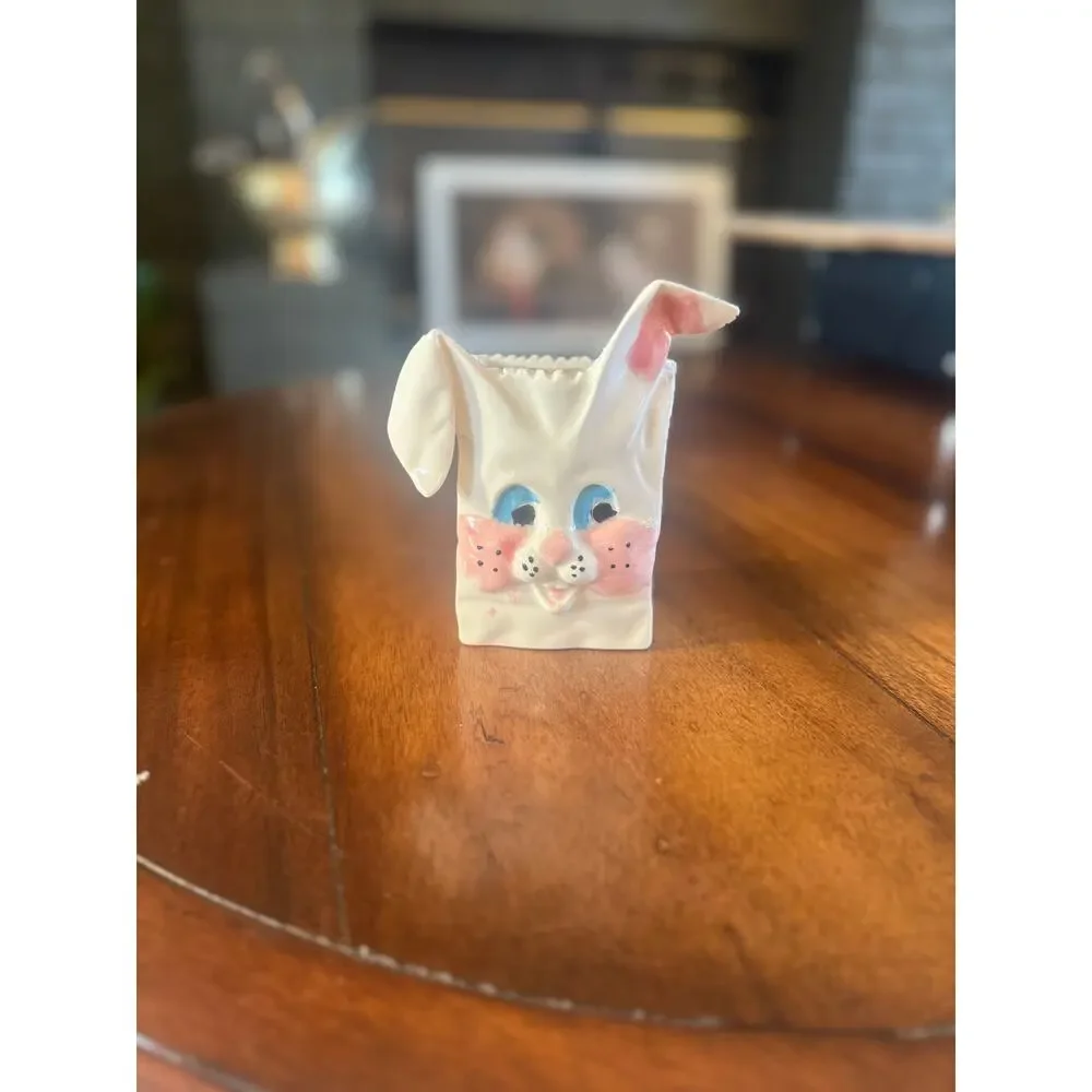 Vintage Ceramic Bunny Container – Whimsical Easter Rabbit – Pink & Blue - Picture 2 of 6
